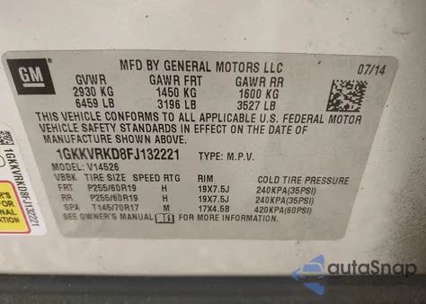 2015 GMC Acadia Slt-1 from USA, damaged, VIN 1GKKVRKD8FJ132221